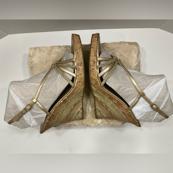 Classified Gold Slingback Strappy Platform High Heel Cork Wedge Sandal Sz 10 - Picture 3 of 12